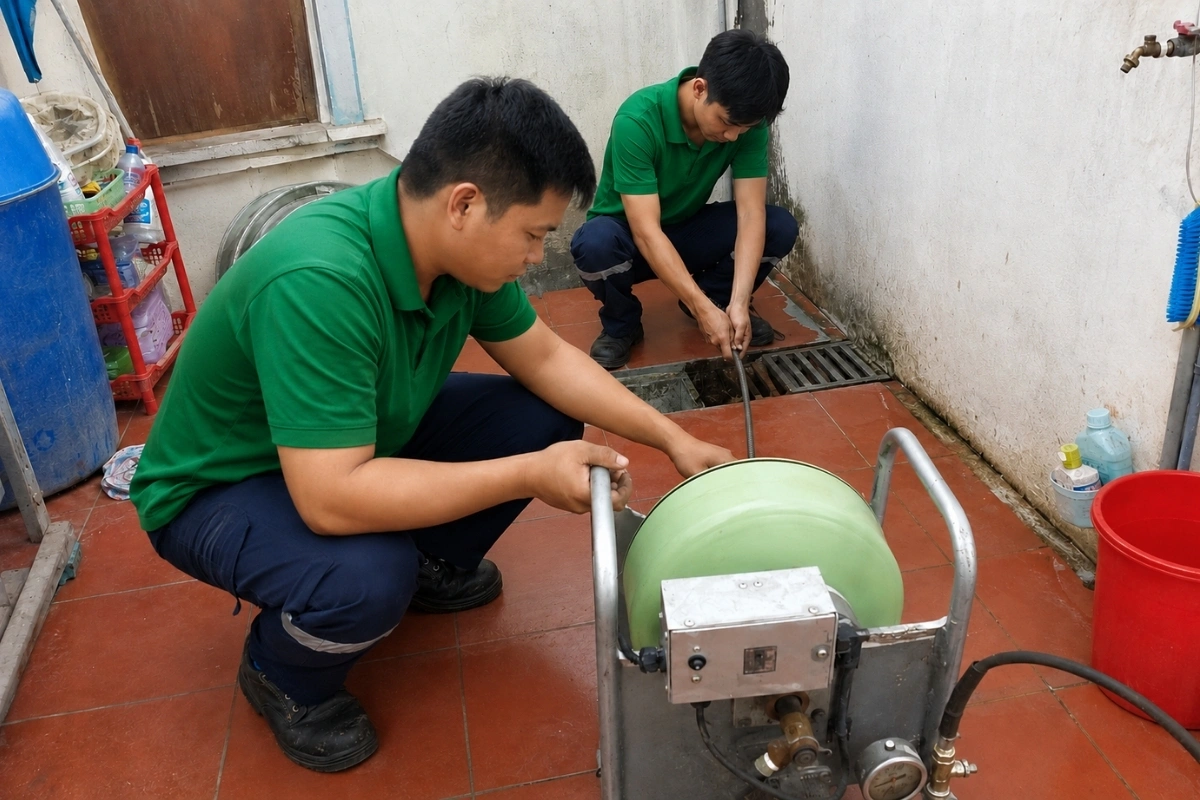 Nhân viên thông rãnh thoát nước ngoài nhà