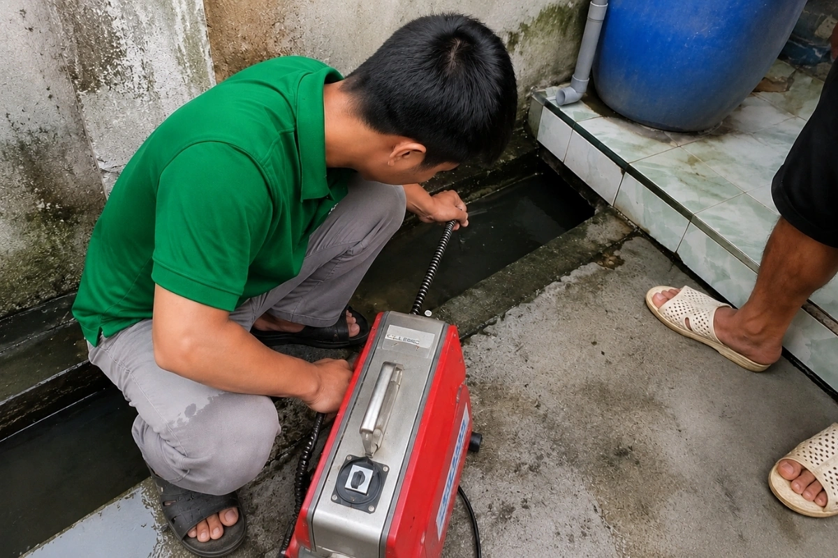 Nhân viên thông rãnh thoát nước ngoài nhà