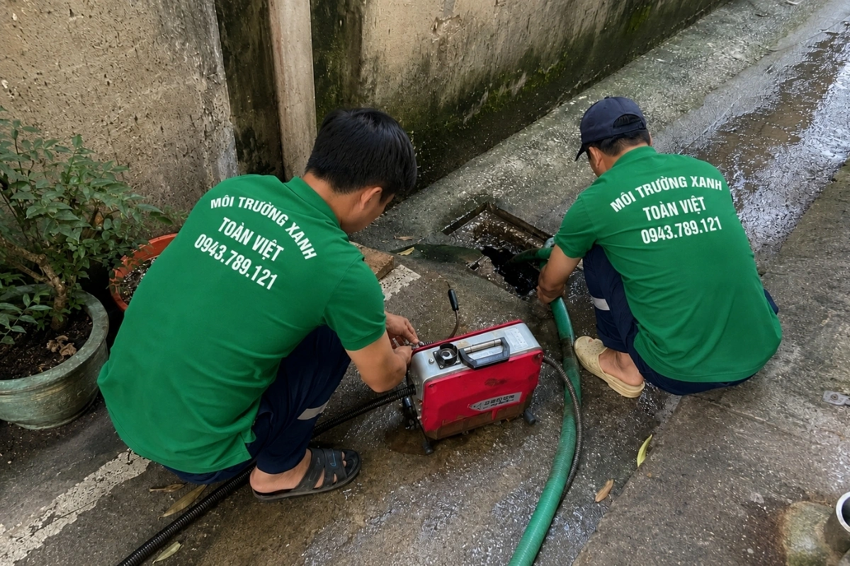 Thông Cống Nghẹt Sơn Trà | Xử Lý Bùn Và Nước Trào 8 Hai kỹ thuật viên thông cống thoát nước ngoài trời tại khu dân cư