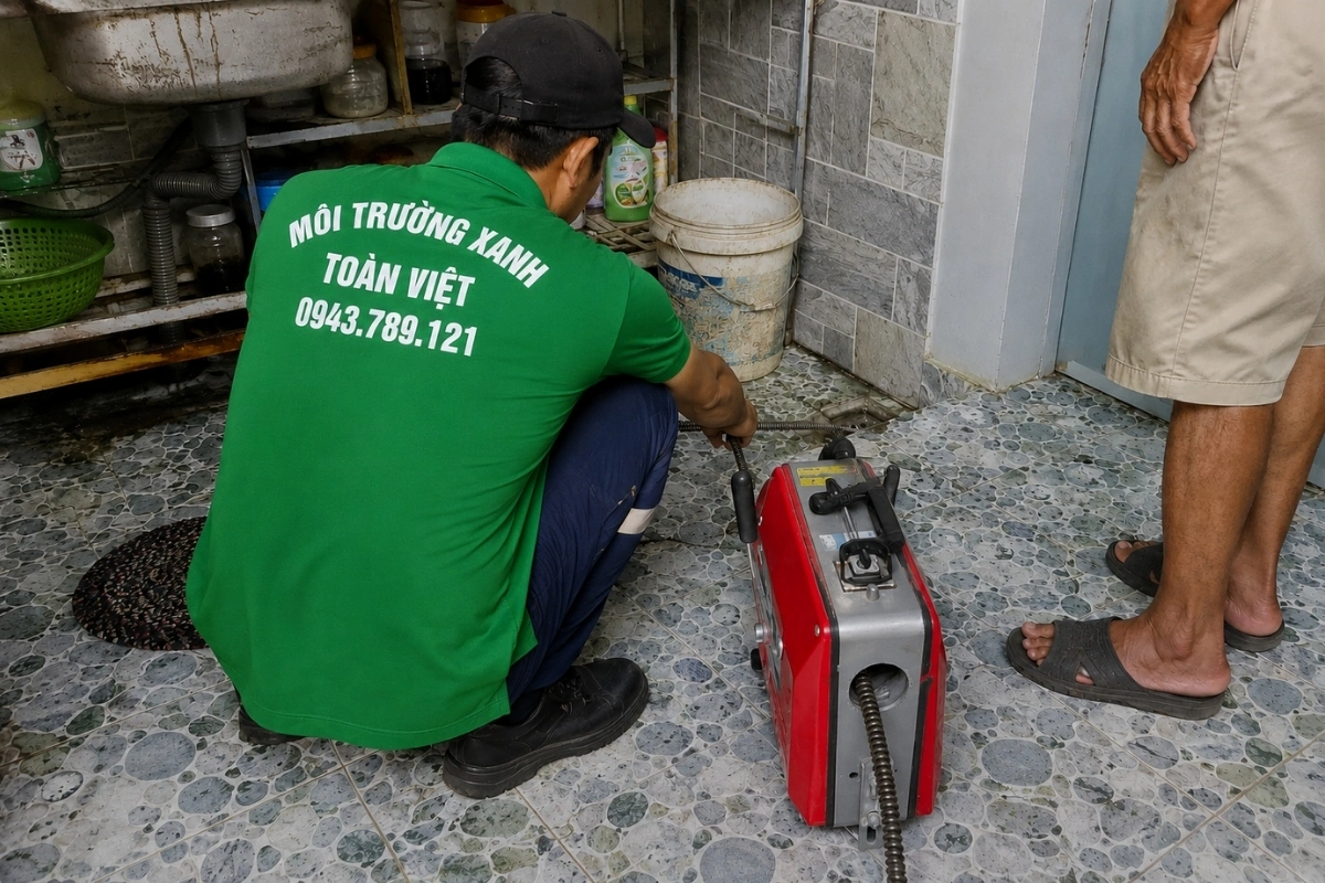 Kỹ thuật viên thông cống thoát sàn trong nhà