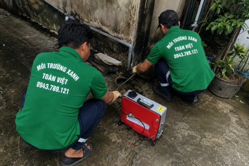 Thông cống nghẹt Đà Lạt giá rẻ uy tín | Toàn Việt 21 Hai nhân viên bố trí dụng cụ tại lối đi cạnh tường