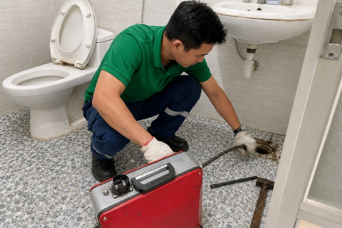 Thông Cống Nghẹt Đà Nẵng | Xử Lý Bùn Và Nước Trào 11 Kỹ thuật viên đưa dây lò xo vào miệng thoát sàn nhà vệ sinh