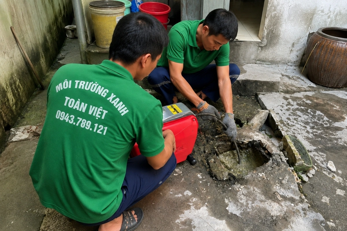 Thông Cống Nghẹt Liên Chiểu | Xử Lý Bùn Và Nước Trào 13 Hai nhân viên vệ sinh cống thoát nước ngoài trời