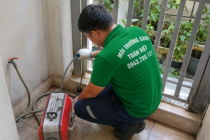 Thông cống nghẹt Tam Kỳ giá rẻ uy tín | Toàn Việt 26 Nhân viên giữ dây cạnh máy đỏ và vòi nước trong phòng lát gạch