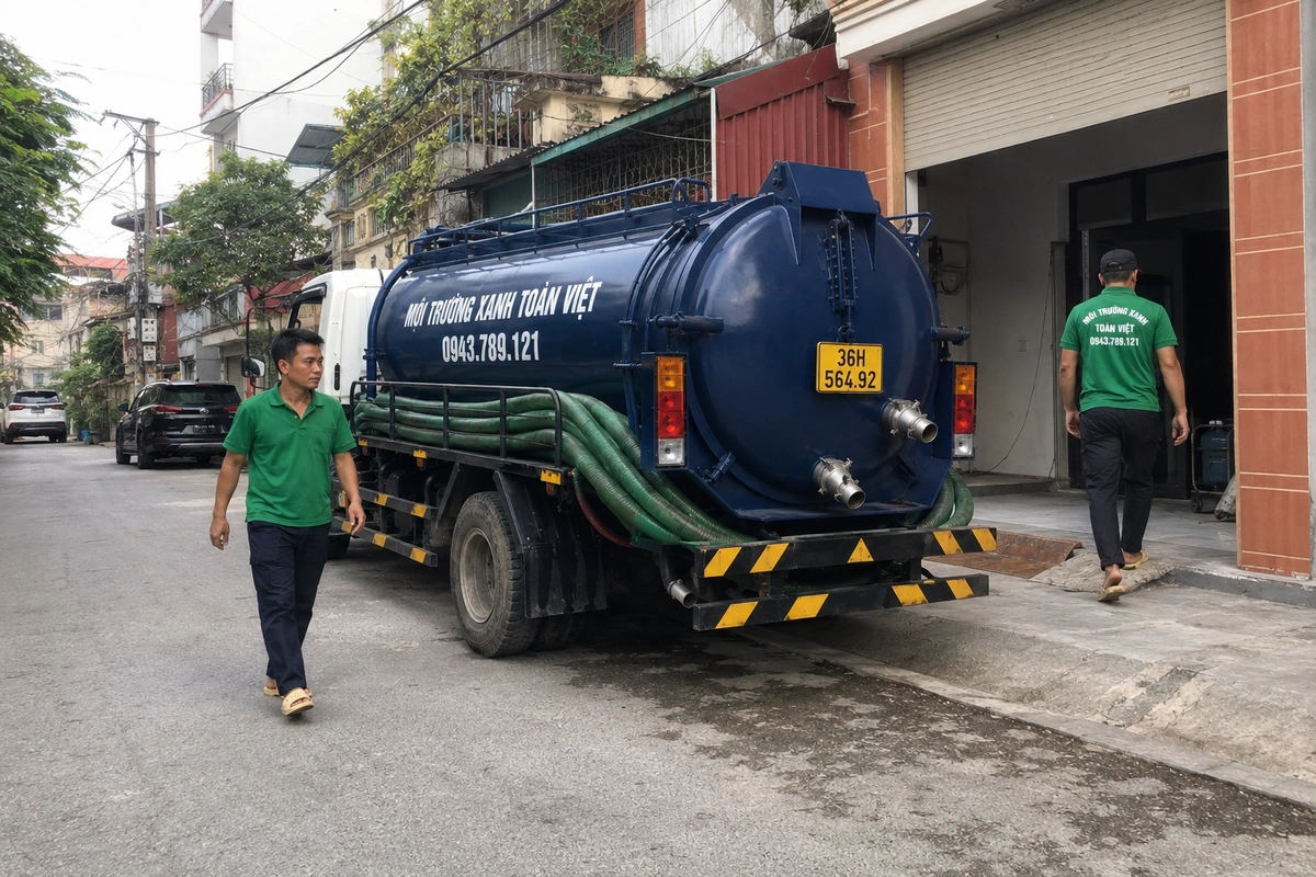 Hút Bể Phốt Tại Thanh Hóa Cho Nhà Trong Ngõ Và Khách Sạn 11 Xe hút bể phốt trên đường vào khu dân cư tại Thanh Hóa