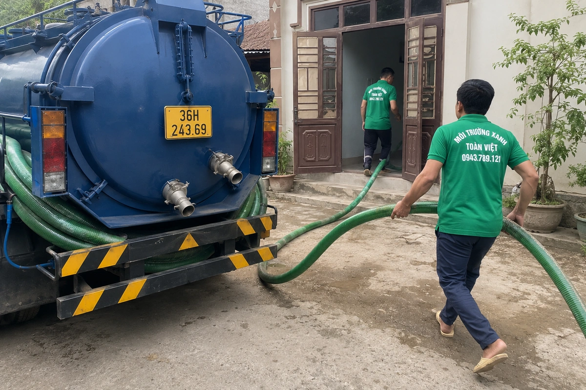 Hút Bể Phốt Tại Đông Sơn 24/7, Xe Hẹn Giờ Theo Vị Trí 18 Nhân viên kéo ống từ xe hút bể phốt vào nhà khách tại Thanh Hóa