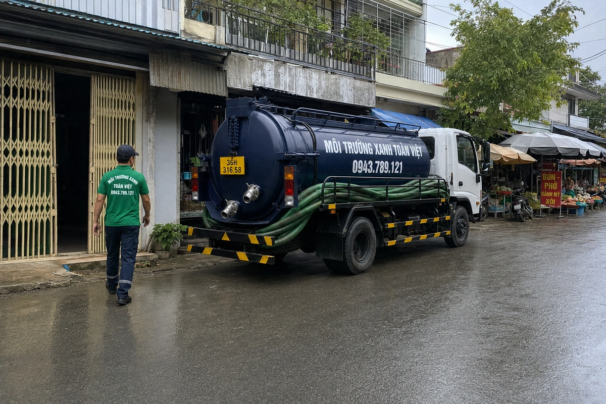 Hút Bể Phốt Tại Thanh Hóa Cho Nhà Trong Ngõ Và Khách Sạn 10 Xe hút bể phốt đậu cạnh dãy hàng quán tại Thanh Hóa