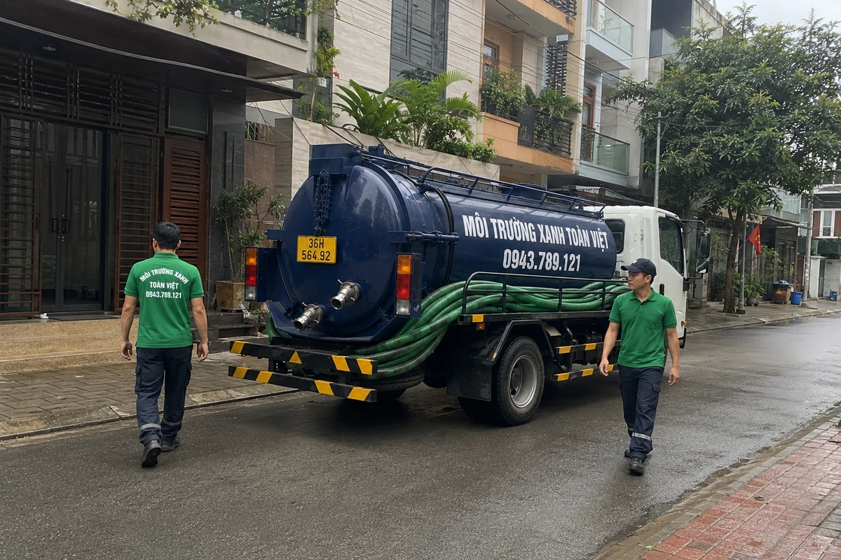 Hút Bể Phốt Tại Thanh Hóa Cho Nhà Trong Ngõ Và Khách Sạn 18 Xe hút bể phốt trên đường vào khu dân cư tại Thanh Hóa