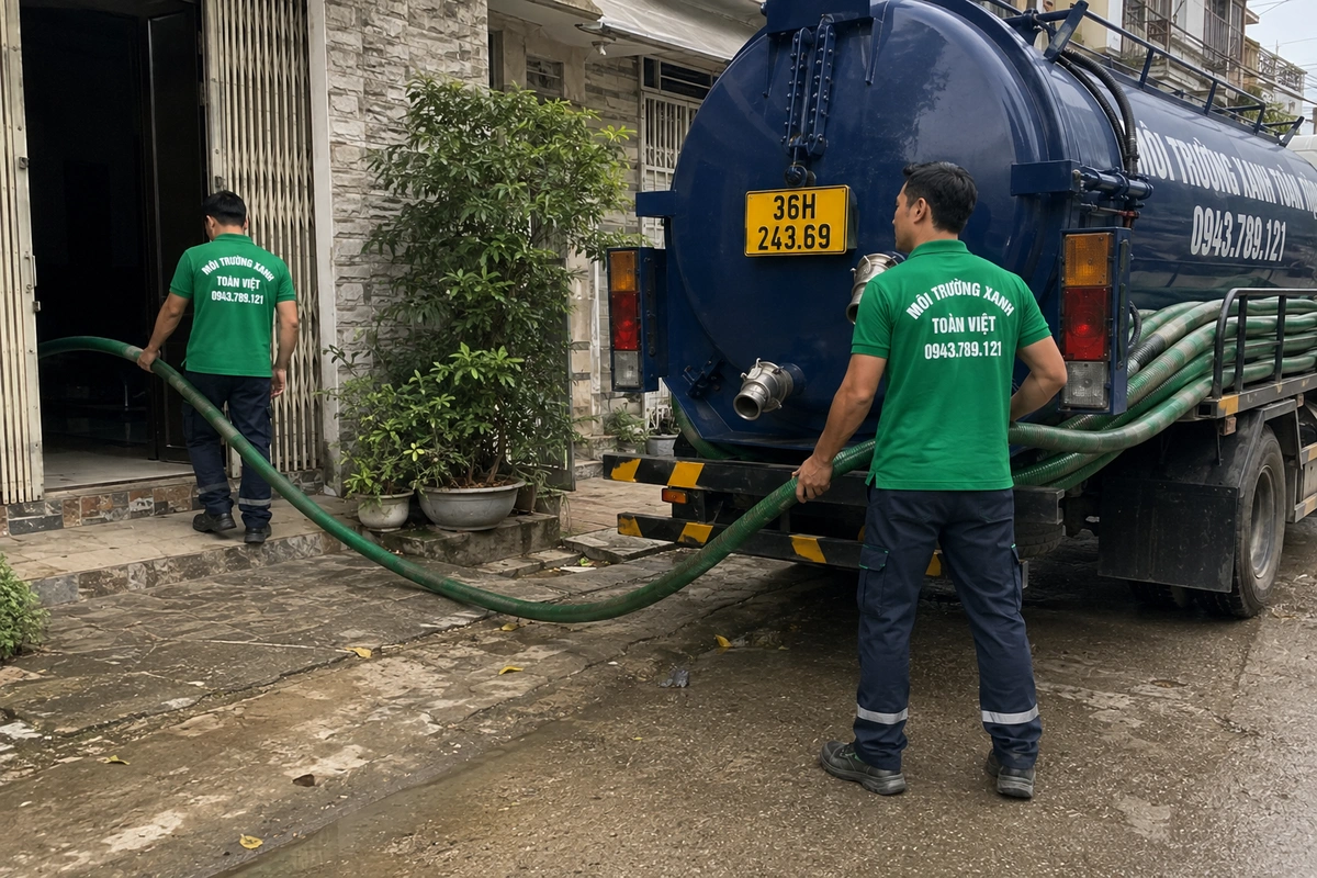 Nhân viên kéo ống từ xe hút bể phốt vào nhà khách tại Thanh Hóa