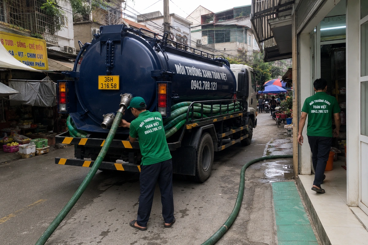 Hút Bể Phốt Tại Hà Trung 24/7, Báo Giá khoảng 30 phút, tùy vị trí và lịch điều phối 11 Xe hút bể phốt đậu cạnh dãy hàng quán tại Thanh Hóa