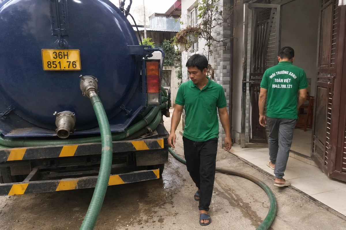 Hút Bể Phốt Tại Như Xuân 24/7, Gom Chuyến Cho Cả Xóm 14 Nhân viên kéo ống từ xe hút bể phốt vào nhà khách tại Thanh Hóa