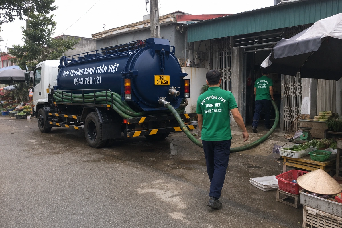 Hút Bể Phốt Tại Vĩnh Lộc 24/7, Xe Nhỏ Vào Ngõ Cổ Được 11 Xe hút bể phốt đậu cạnh dãy hàng quán tại Thanh Hóa