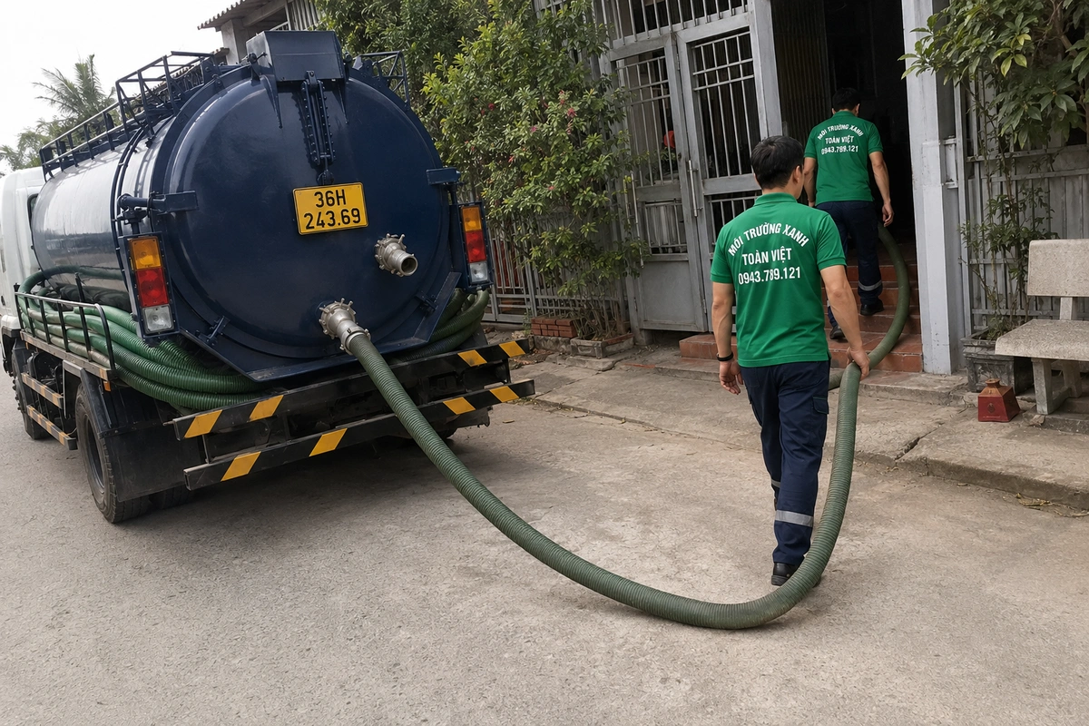 Hút Bể Phốt Tại Quan Sơn, Đặt Trước 1 Ngày Là Có Xe 15 Nhân viên kéo ống từ xe hút bể phốt vào nhà khách tại Thanh Hóa