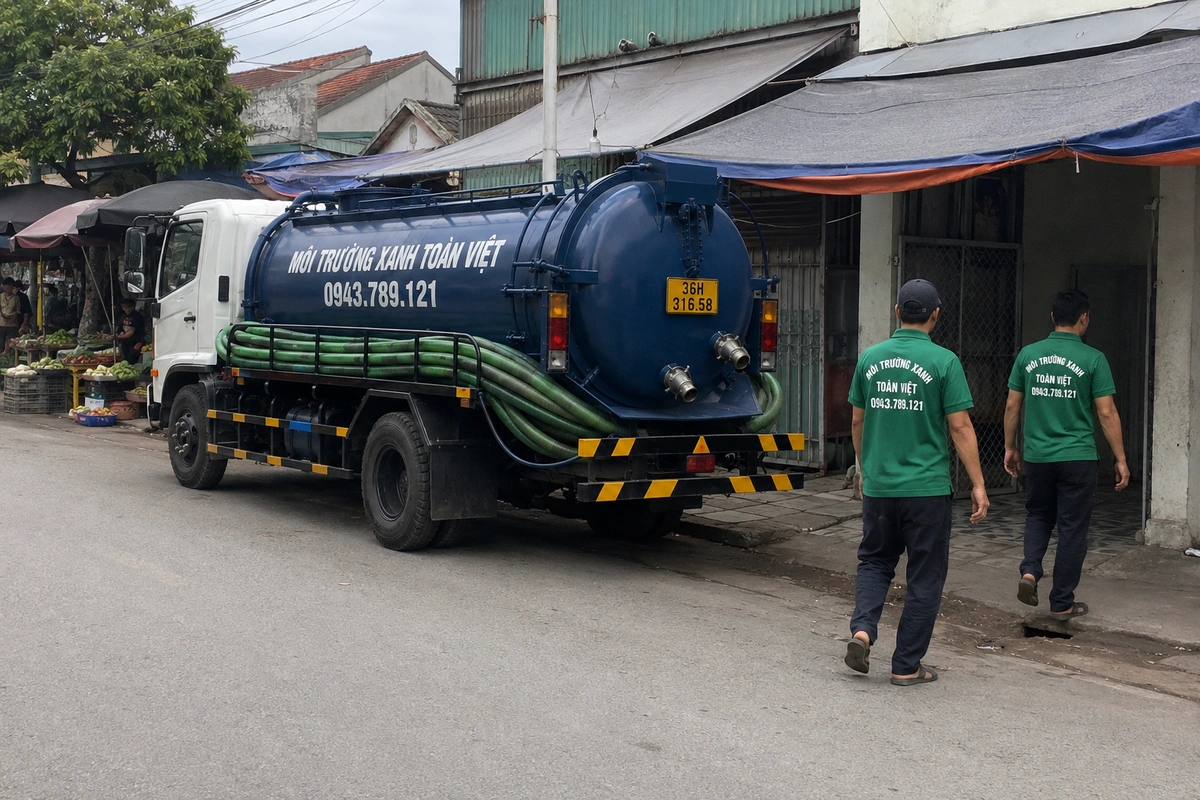 Hút Bể Phốt Tại Yên Định 24/7, Nhận Cả Khu Trang Trại 11 Xe hút bể phốt đậu cạnh dãy hàng quán tại Thanh Hóa