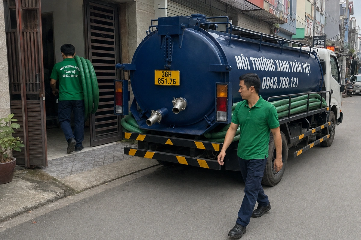 Hút Bể Phốt Tại Hà Trung 24/7, Báo Giá khoảng 30 phút, tùy vị trí và lịch điều phối 12 Xe hút bể phốt trên đường vào khu dân cư tại Thanh Hóa