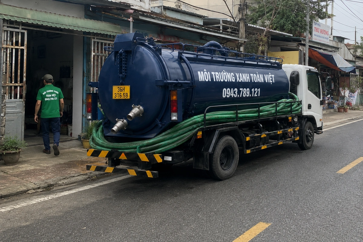 Hút Bể Phốt Tại Thiệu Hóa, Xe Hẹn Giờ Theo Vị Trí 11 Xe hút bể phốt đậu cạnh dãy hàng quán tại Thanh Hóa
