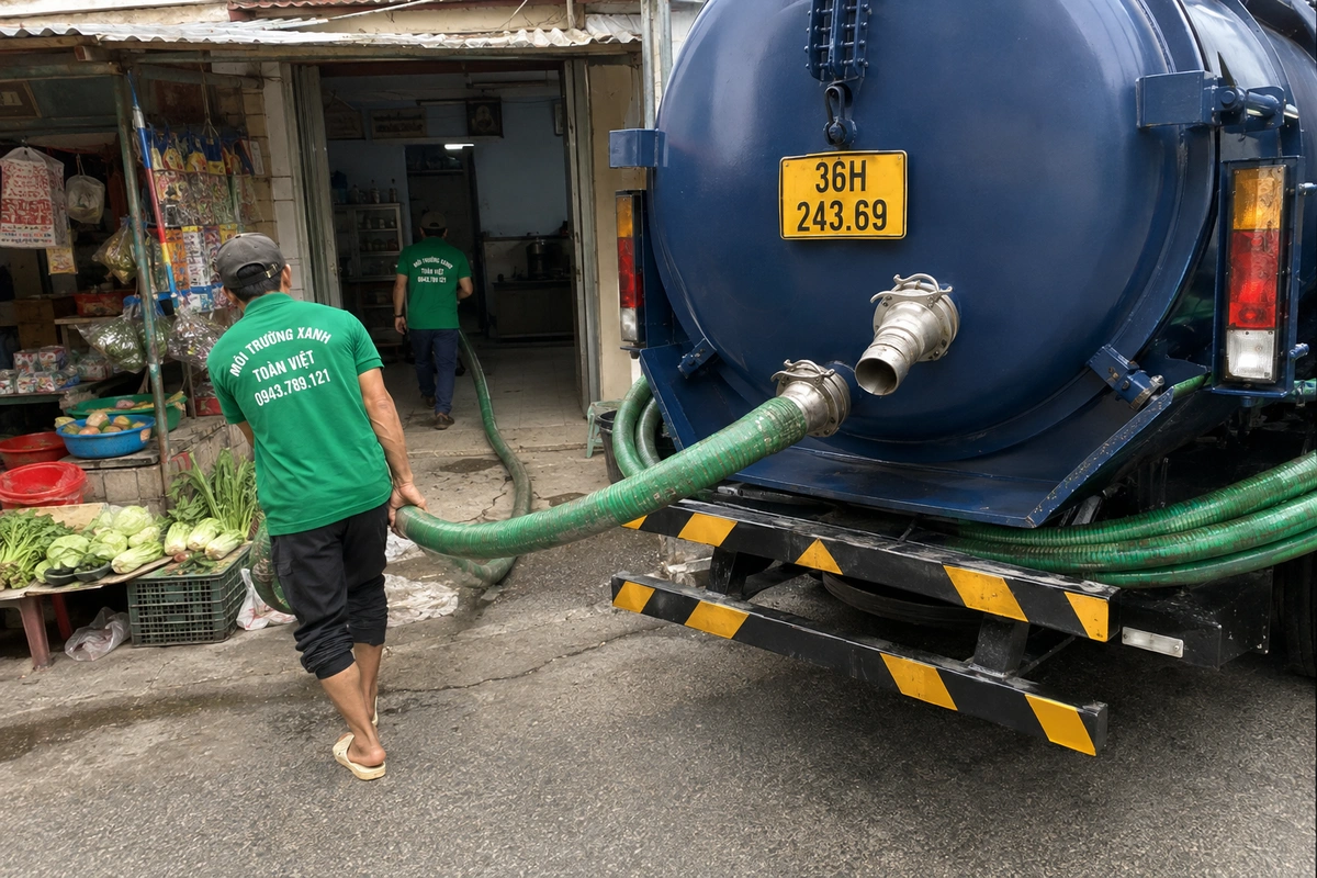 Hút Bể Phốt Tại Thọ Xuân 24/7, Xe Trực Gần Sân Bay 10 Xe hút bể phốt đậu cạnh dãy hàng quán tại Thanh Hóa