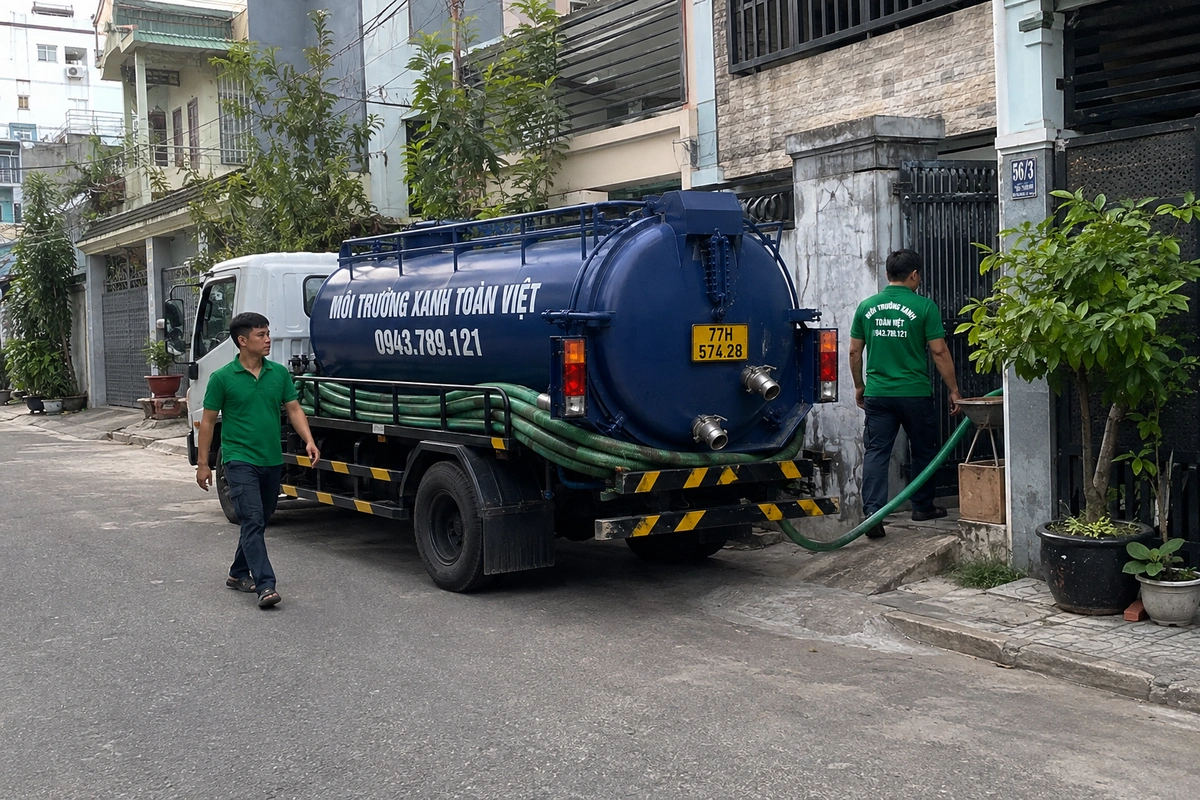 Nhân viên kéo ống từ xe hút hầm cầu vào nhà khách tại Bình Định