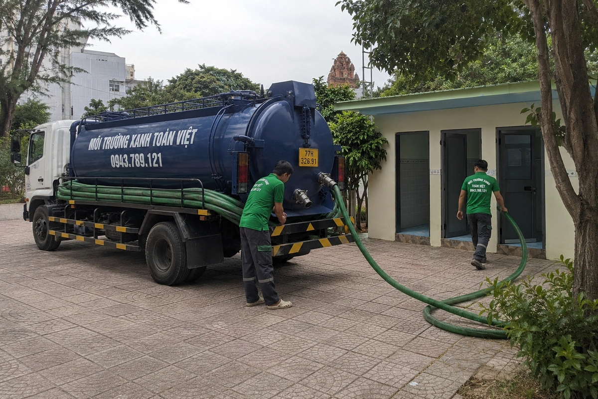 Hút Hầm Cầu Phù Mỹ: Hầm Trên Cát, Sạch Vùng Nuôi 24/7 12 Xe hút hầm cầu đậu trước nhà dân tại Bình Định
