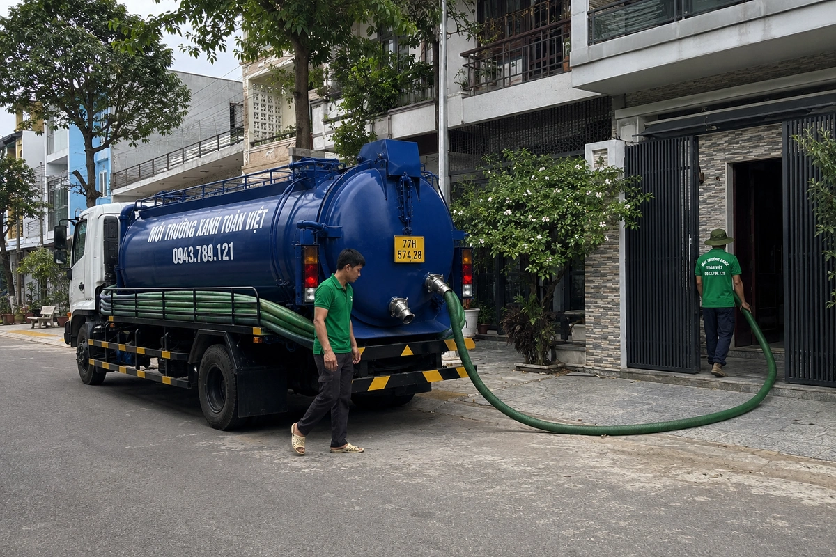 Hút Hầm Cầu Phù Mỹ: Hầm Trên Cát, Sạch Vùng Nuôi 24/7 16 Xe hút hầm cầu vào tận đường nhỏ khu dân cư tại Bình Định