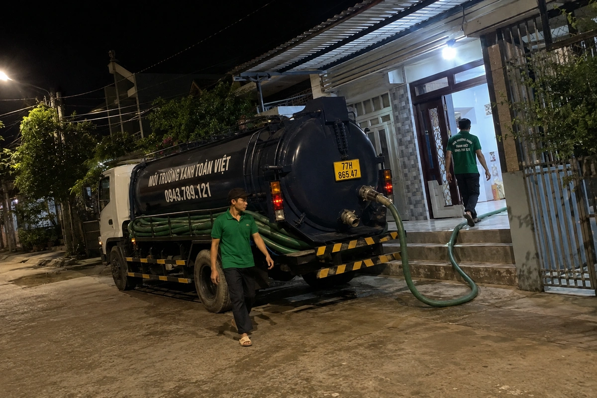 Hút hầm cầu Hoài Ân 24/7 | Môi Trường Xanh Toàn Việt 10 Xe hút hầm cầu đậu trước nhà dân tại Bình Định