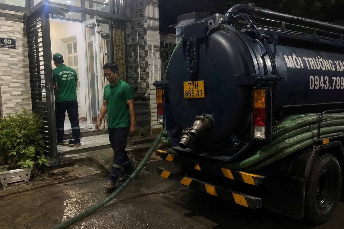 Xe hút hầm cầu đậu trước nhà dân tại Bình Định