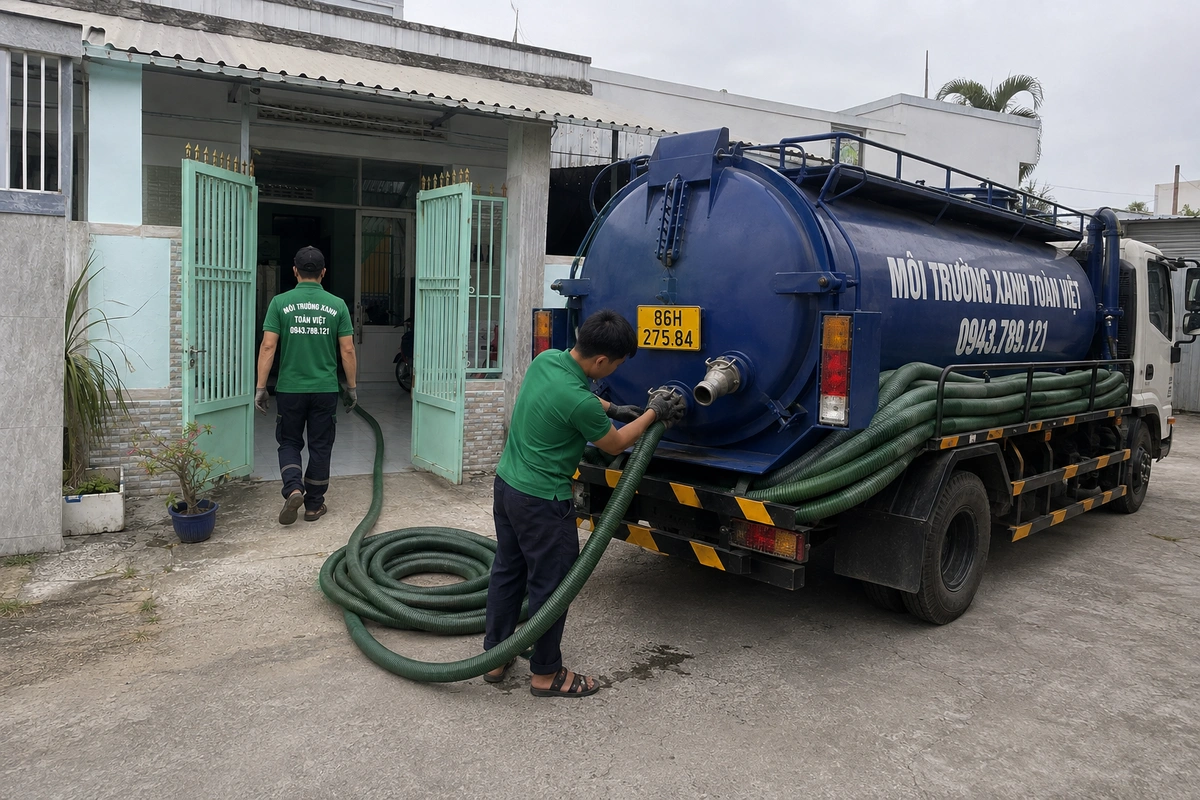 Nhân viên kéo ống từ xe hút hầm cầu vào nhà khách tại Bình Thuận