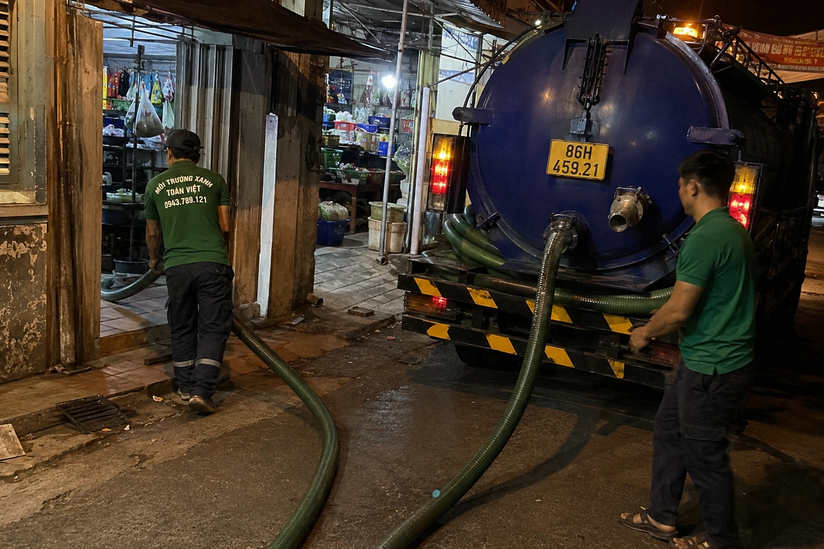 Xe hút hầm cầu vào tận đường nhỏ khu dân cư tại Bình Thuận