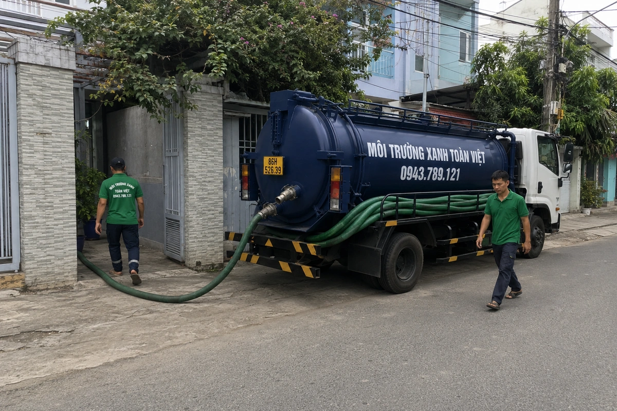 Xe hút hầm cầu trên đường vào khu dân cư tại Bình Thuận