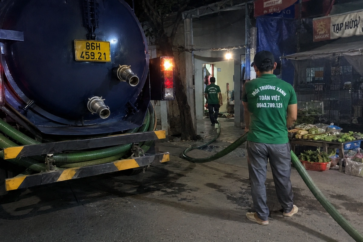Xe hút hầm cầu đậu cạnh dãy hàng quán tại Bình Thuận