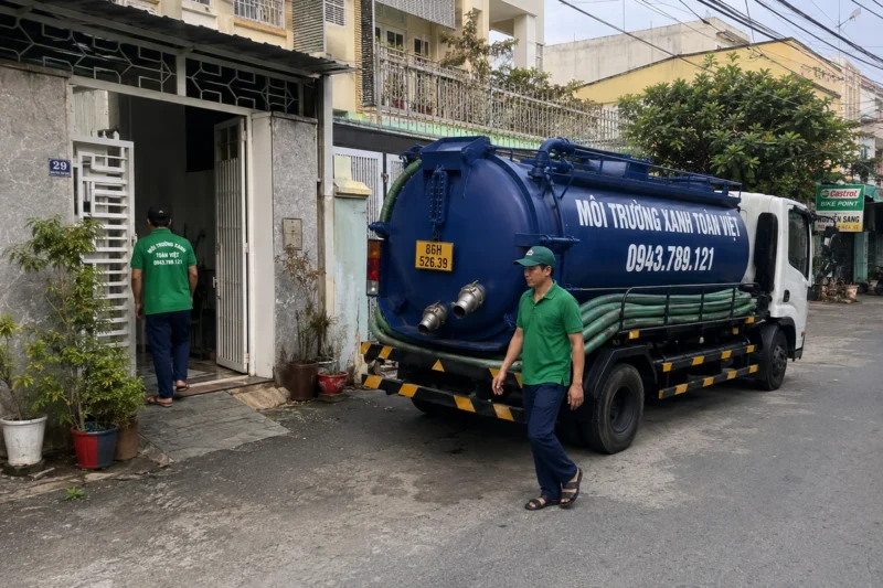 Xe bồn và nhân viên tại lối trước nhà – hút hầm cầu Bình Thuận, Môi Trường Xanh Toàn Việt