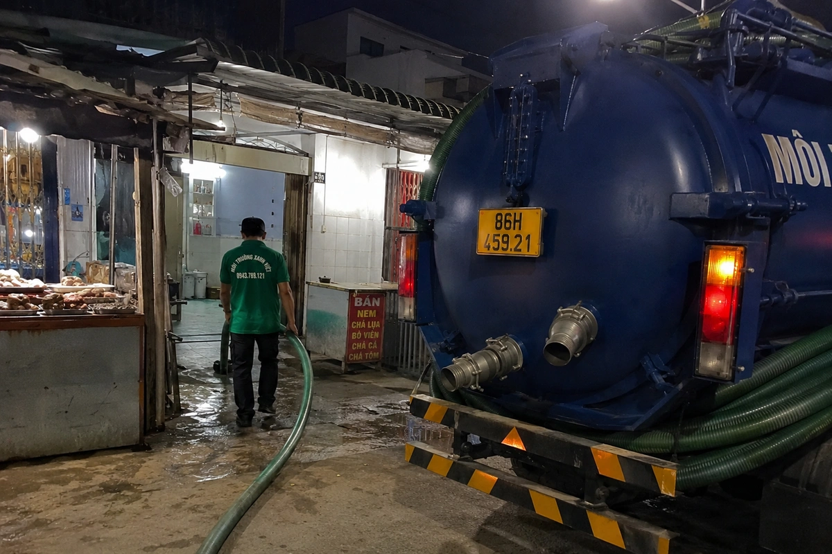 Hút Hầm Cầu Hàm Thuận Bắc | Nhà Vườn, Khu Trọ 13 Xe hút hầm cầu đậu cạnh dãy hàng quán tại Bình Thuận