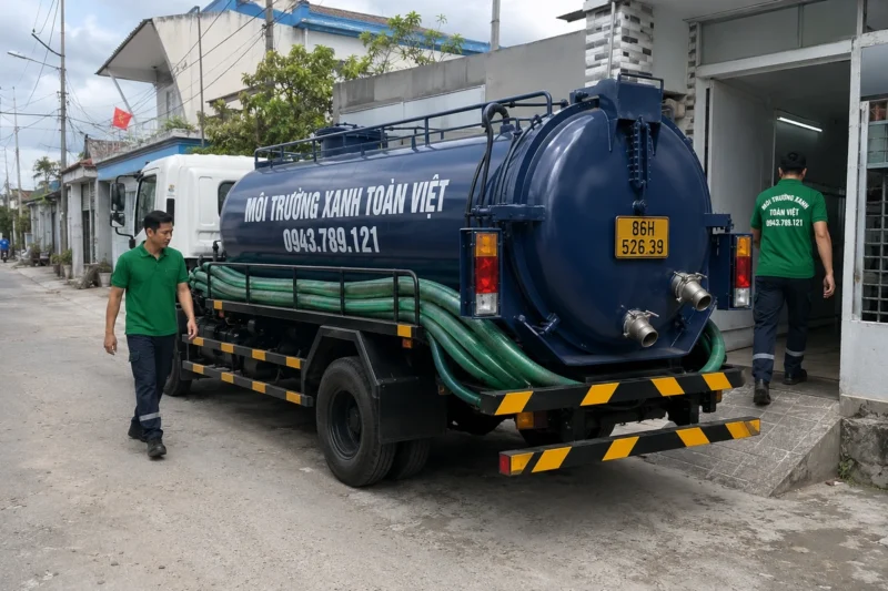 Xe bồn và cuộn ống phía sau xe trước nhà – hút hầm cầu Bình Thuận, Môi Trường Xanh Toàn Việt