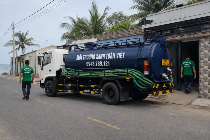Xe bồn Môi Trường Xanh Toàn Việt tại điểm đỗ ban ngày – hút hầm cầu Bình Thuận, Môi Trường Xanh Toàn Việt