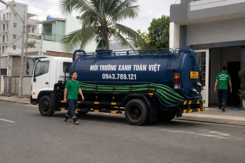 Xe bồn và nhân viên cạnh lối xe trước nhà – hút hầm cầu Bình Thuận, Môi Trường Xanh Toàn Việt