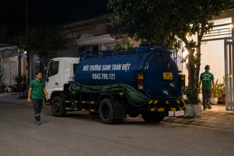 Xe bồn đỗ tại điểm làm việc vào ban đêm – hút hầm cầu Bình Thuận, Môi Trường Xanh Toàn Việt