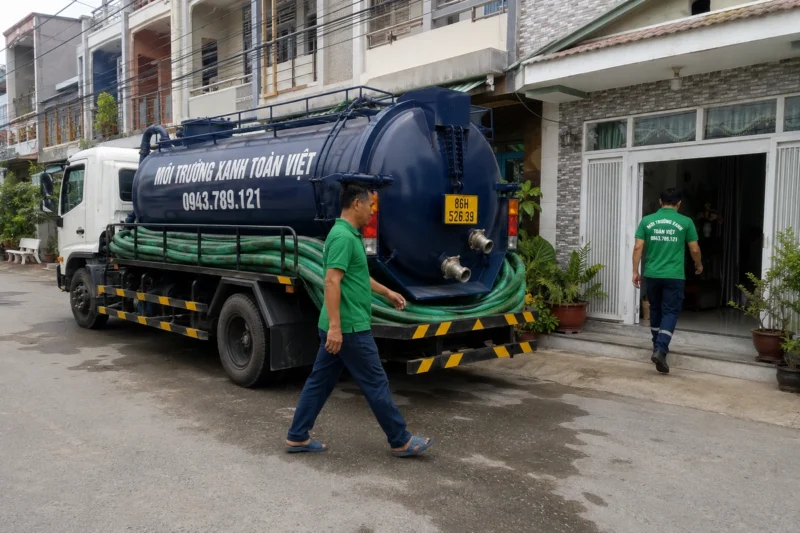 Nhân viên di chuyển bên xe bồn trước nhà – hút hầm cầu Bình Thuận, Môi Trường Xanh Toàn Việt