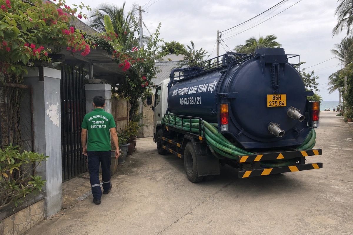 Hút Hầm Cầu Tuy Phong | Phan Dũng, Ven Biển, Nhà Dân 12 Xe hút hầm cầu vào tận đường nhỏ khu dân cư tại Bình Thuận