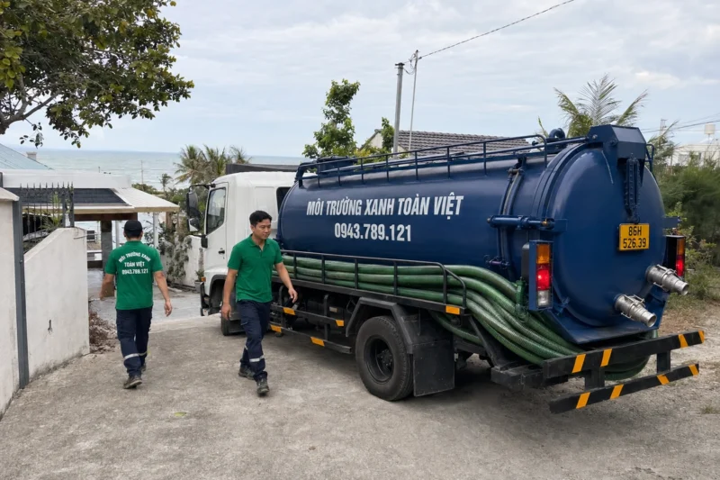 Xe bồn cùng nhân viên tại khoảng sân có lối vào rộng – hút hầm cầu Bình Thuận, Môi Trường Xanh Toàn Việt