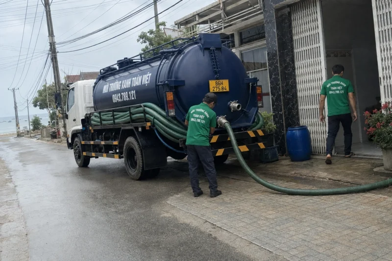 Nhân viên nối tuyến ống phía sau xe bồn – hút hầm cầu Bình Thuận, Môi Trường Xanh Toàn Việt