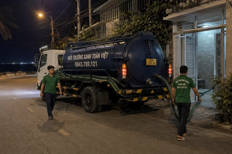 Xe bồn đỗ và nhân viên bố trí ống trong ca buổi tối – hút hầm cầu Bình Thuận, Môi Trường Xanh Toàn Việt