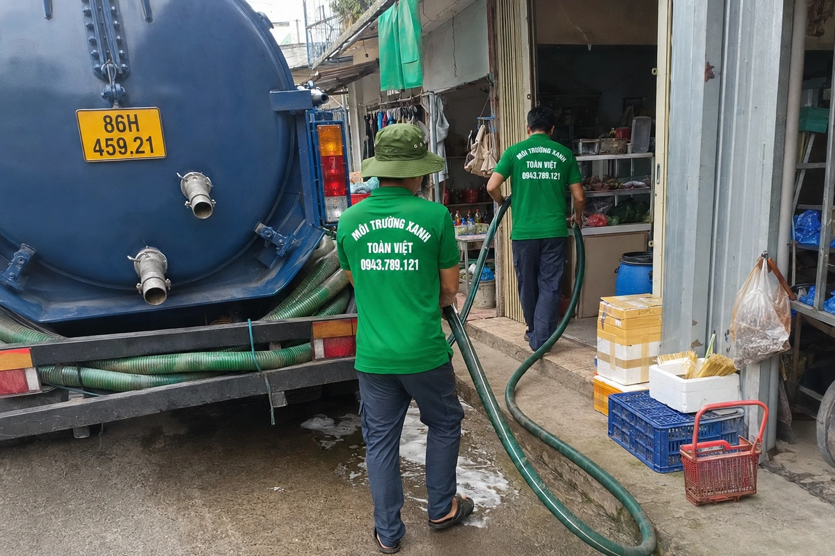 Hút Hầm Cầu Đức Linh theo m³, Ký Nghiệm Thu | 24/7 13 Xe hút hầm cầu đậu cạnh dãy hàng quán tại Bình Thuận