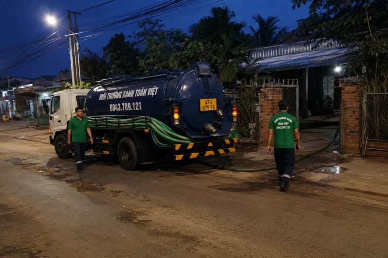 Xe bồn và nhân viên vào buổi tối, giới thiệu dịch vụ hút hầm cầu Đắk Lắk.