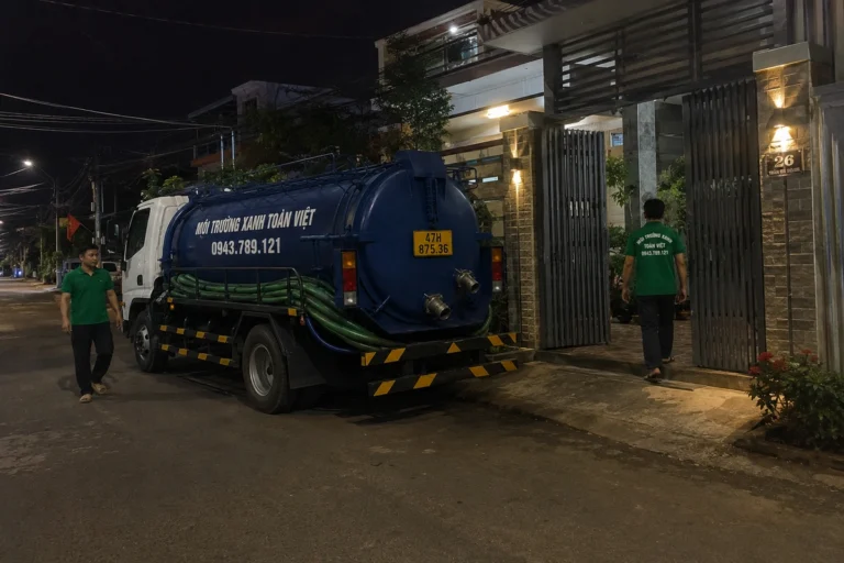 Xe bồn đỗ bên đường, nhân viên theo dõi ống hút vào ban đêm.