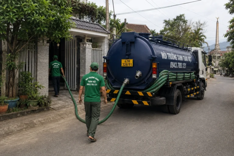 Nhân viên kéo ống từ xe bồn vào lối trước nhà.