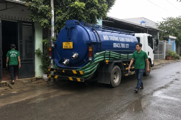 Xe bồn và nhân viên trên mặt đường ướt.