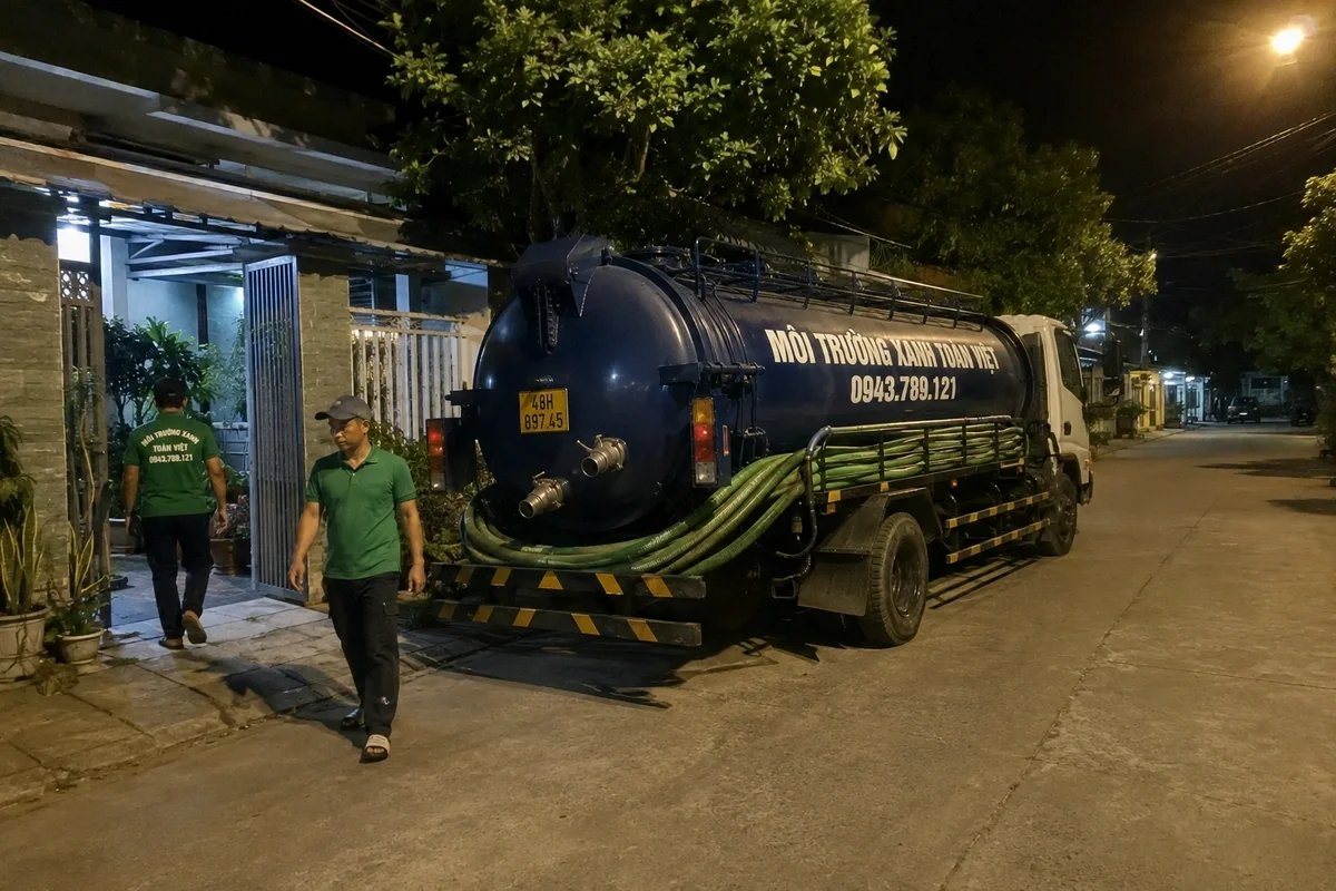 Xe hút hầm cầu làm ca tối tại khu dân cư ở Đắk Nông