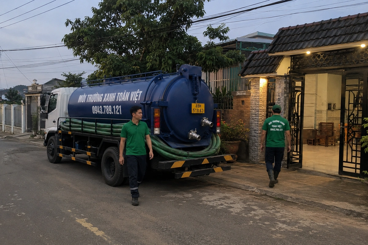 Xe hút hầm cầu đậu trước nhà dân tại Đắk Nông
