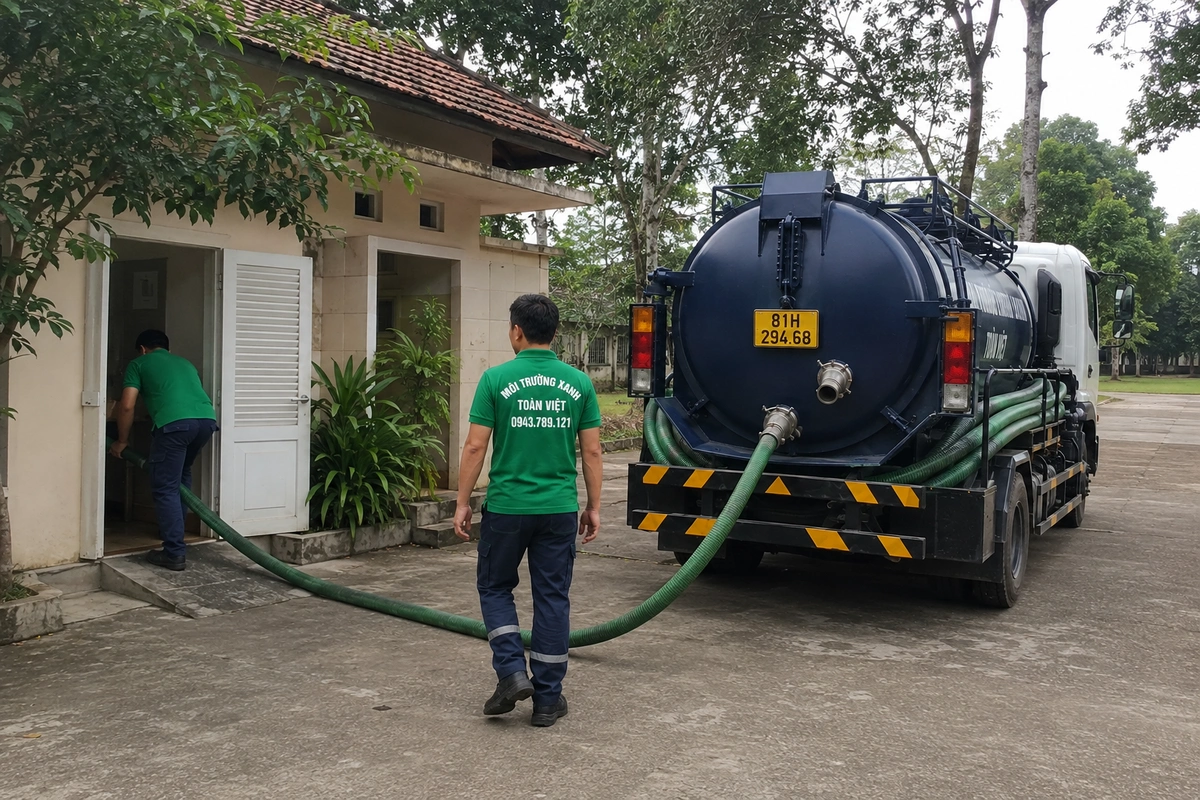 Hút hầm cầu Chư Pưh 24/7, xe hút tới tận nơi nhanh 11 Nhân viên kéo ống từ xe hút hầm cầu vào nhà khách tại Gia Lai