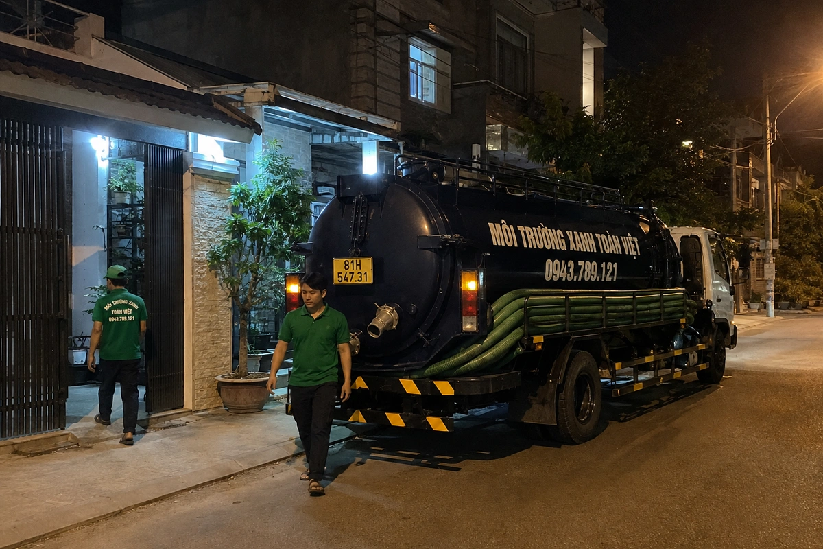 Hút hầm cầu Đức Cơ 24/7, nhận cả khu công nhân cao su 9 Xe hút hầm cầu đậu cạnh dãy hàng quán tại Gia Lai